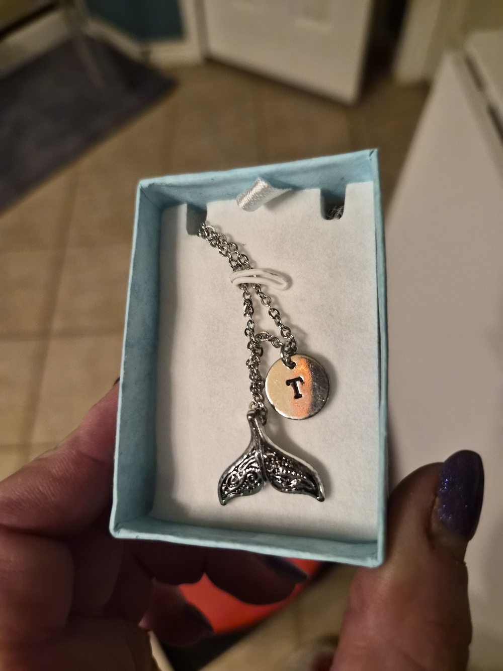 Silver Mermaid Tail Necklace with 'T' Initial Charm